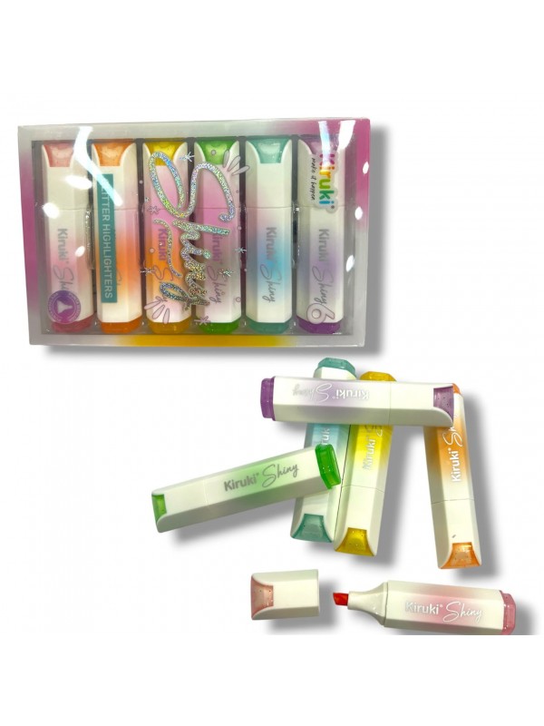Mini Resaltadores Shiny Pastel con Glitter x6 Kiruki