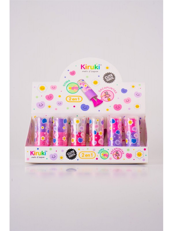 SACAPUNTAS CON DEPOSITO + GOMA LAPIZ LABIAL  x24 KIRUKI