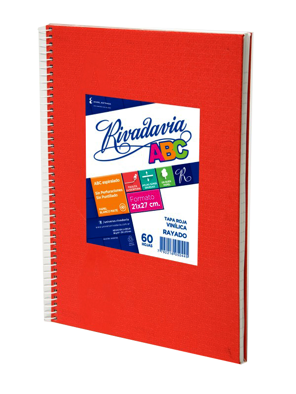 CUADERNO 21x27 ABC RIVADAVIA CON ESPIRAL x60 RY ROJO