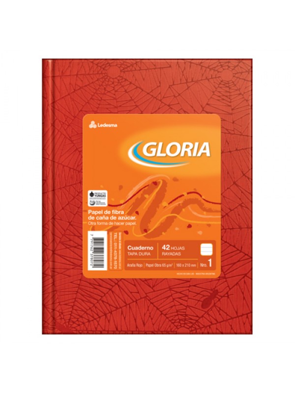 CUADERNO TAPA DURA FORRADO GLORIA x84 HOJAS ROJO