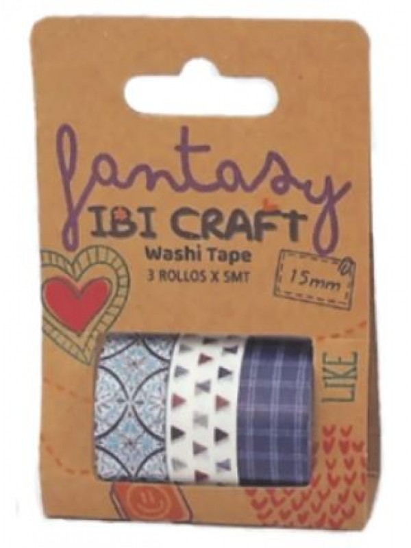 WASHI TAPE x3 ROLLOS x5M BLUE  IBI CRAFT